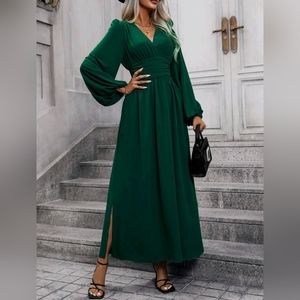 NEW Chic Ruched Waist Lantern Sleeve Maxi Dress Dark Green